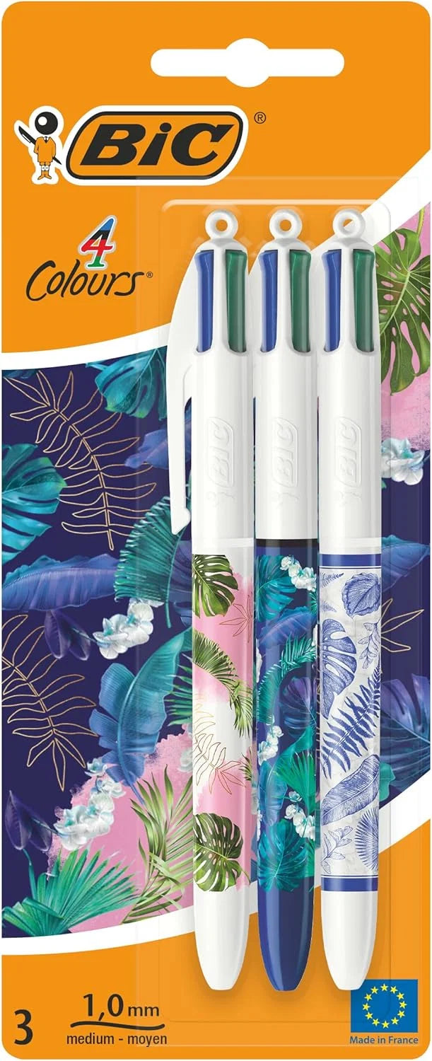BIC Card 3 - 4 Colour Ballpoint Pens Botanical Decor