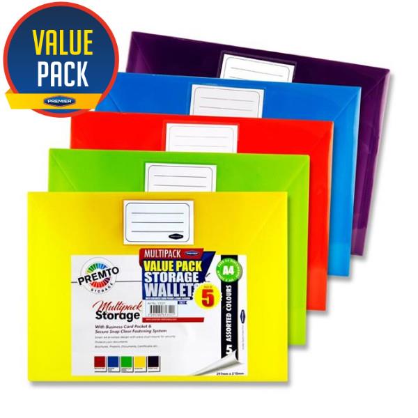 Premto Pkt.5 A4 Button Storage Wallets - Colour Asst